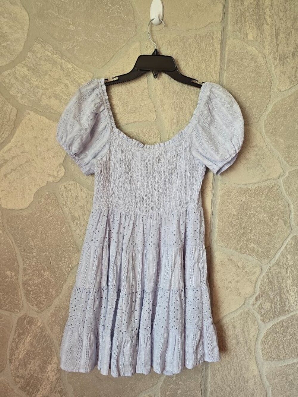 Eyelet Babydoll Mini Dress M Puff Sleeve Smocked Blue - Picture 6 of 12